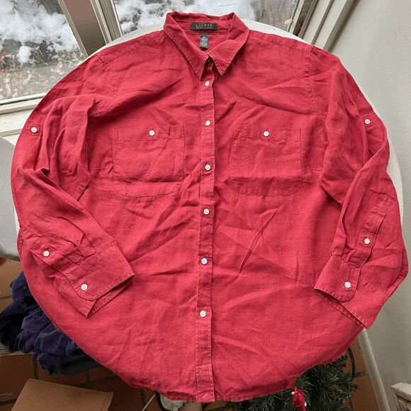 Lauren Ralph Lauren Redish Linen Button-Up Shirt 2X Embroidered Logo, Pockets - Picture 1 of 9